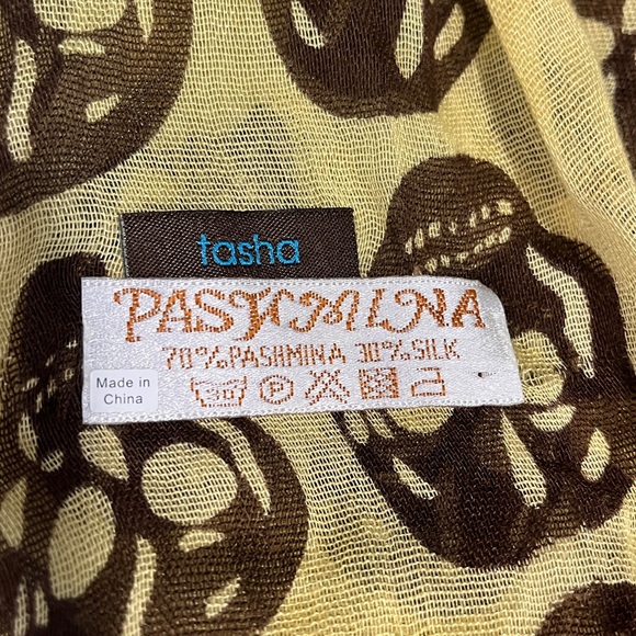 Tasha Pashmina Silk Yellow and Brown Skull Scarf - Picture 7 of 7
